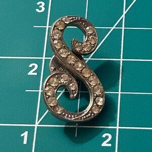 Vintage PAT Initial Letter S Colorless Pave Rhinestone Crystals Brooch Pin Back